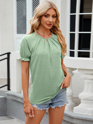 Ruched Round Neck Flounce Sleeve Top