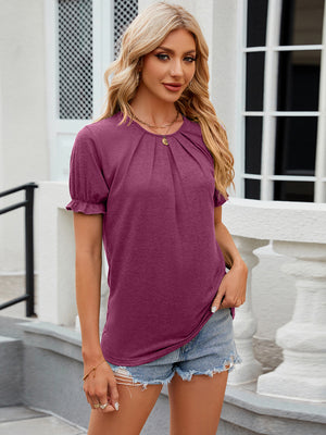 Ruched Round Neck Flounce Sleeve Top