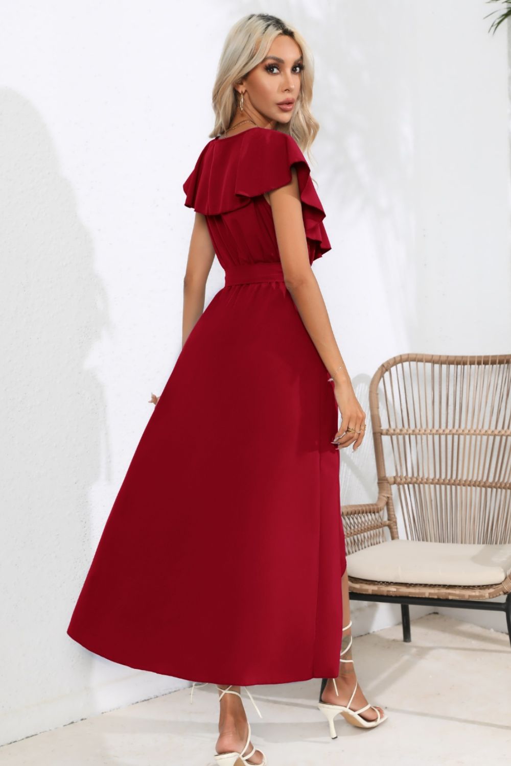 Ruffled Tied V-Neck Midi Dress