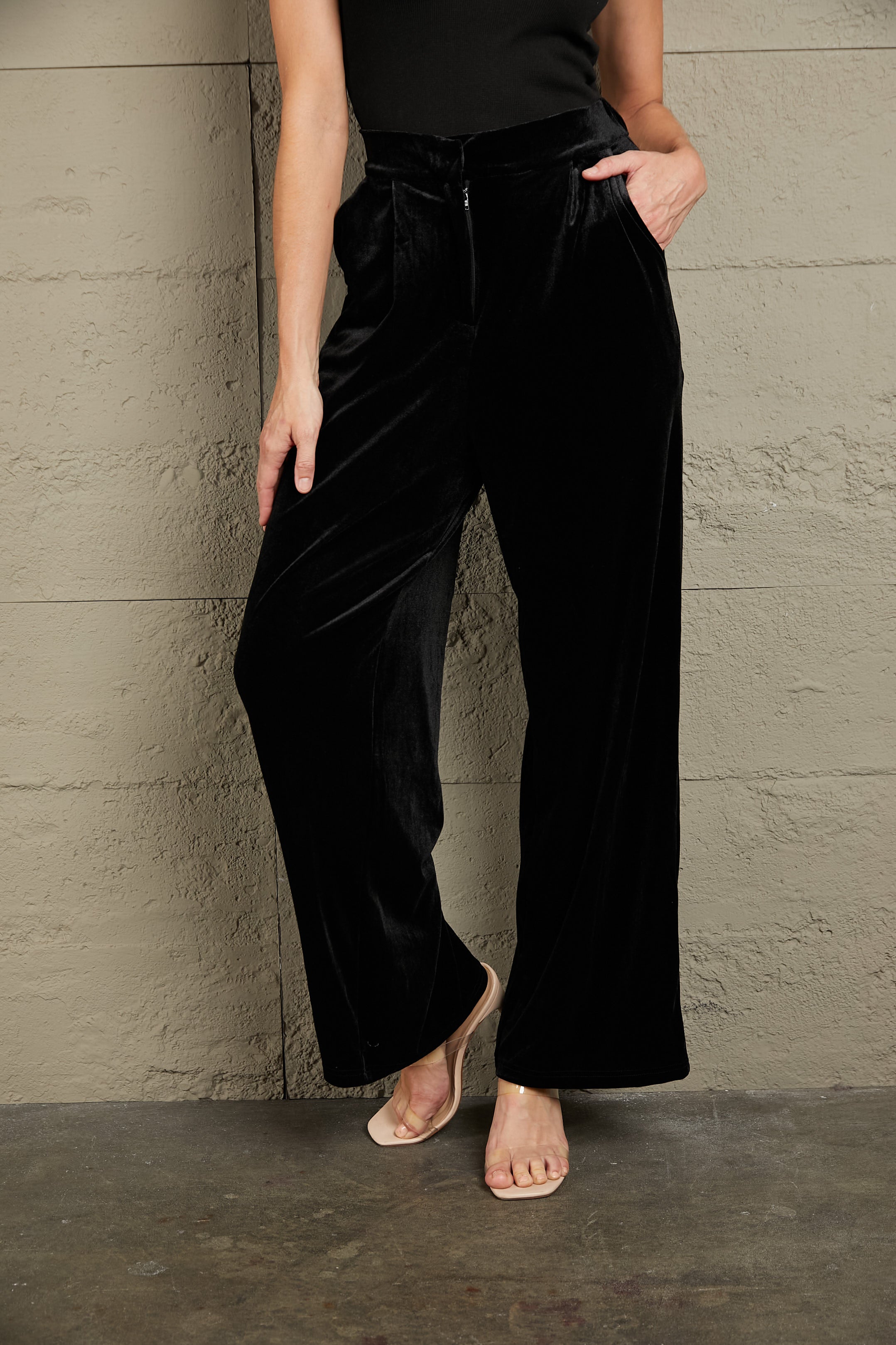 Loose Fit High Waist Long Velvet Pants with Pockets