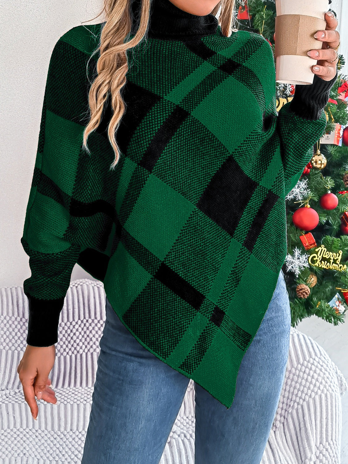 Plaid Turtleneck Batwing Sleeve Sweater