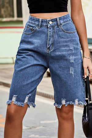 Raw Hem High Waist Denim Shorts with Pockets