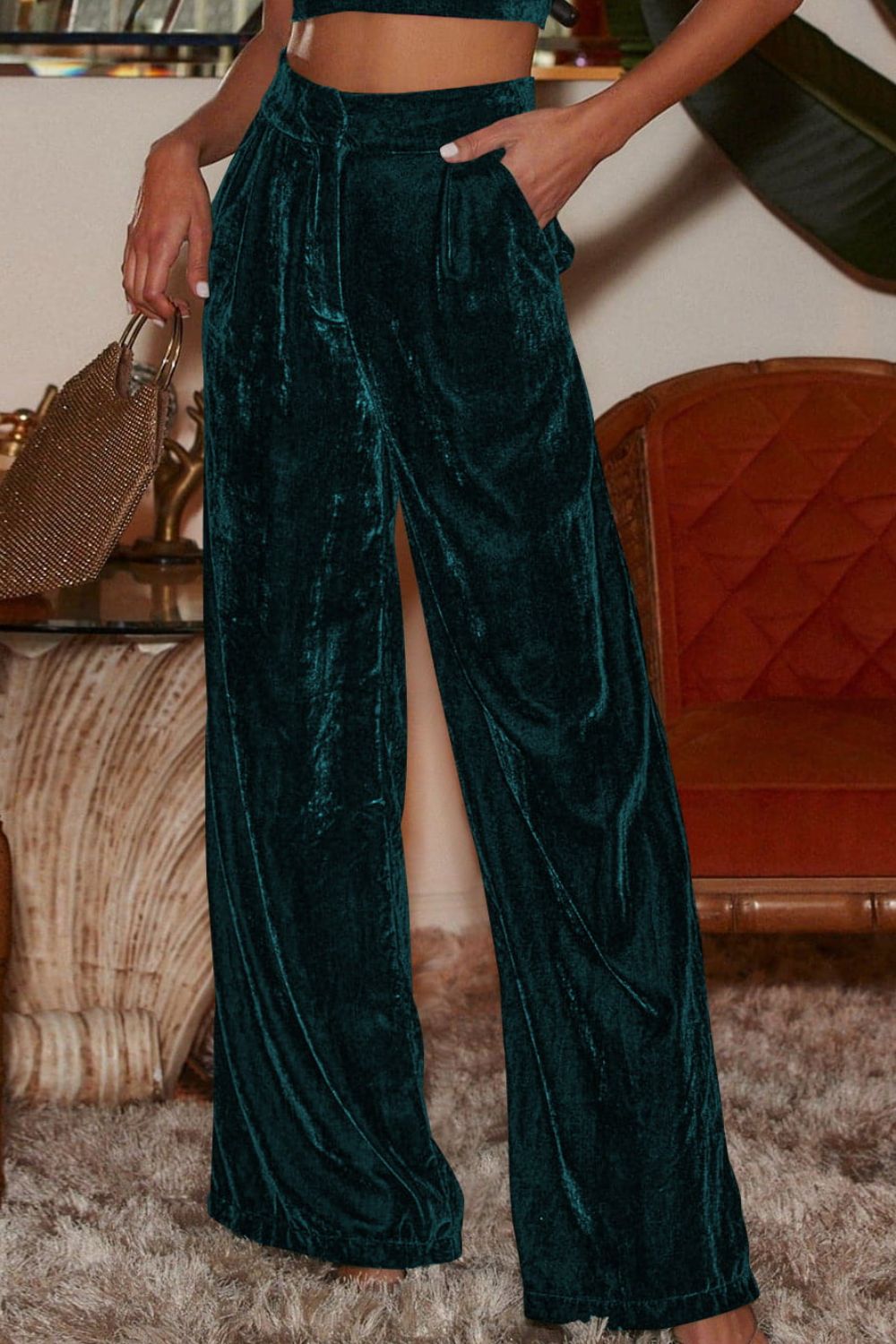 Loose Fit High Waist Long Velvet Pants with Pockets