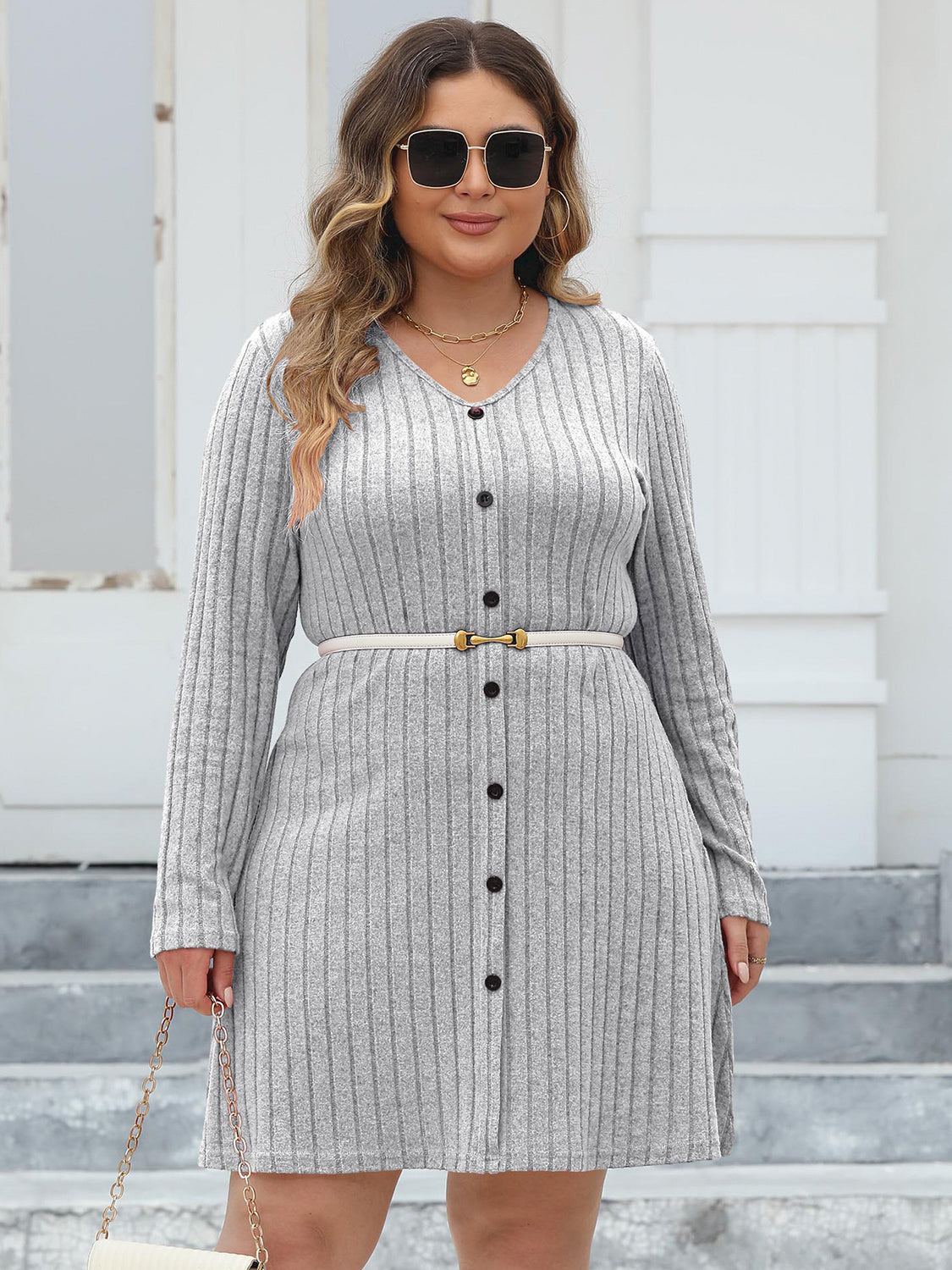 Curve Ribbed Buttoned V-Neck Long Sleeve Dress