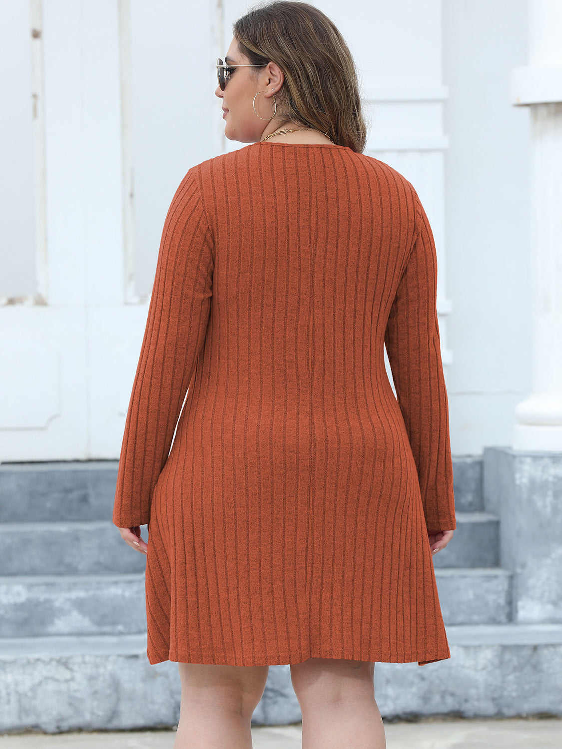 Curve Ribbed Buttoned V-Neck Long Sleeve Dress