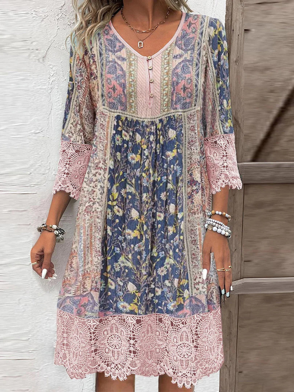 Curve Lace Detail Printed Three-Quarter Sleeve Dress