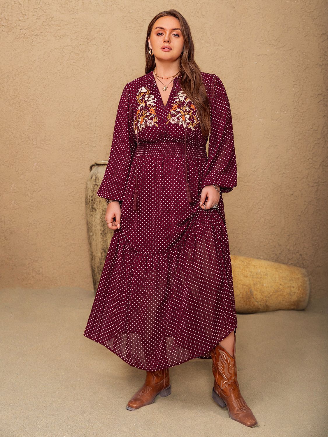 Curve Embroidered Polka Dot Tie Neck Long Sleeve Midi Dress