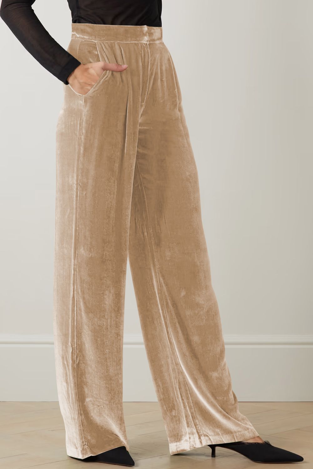 Loose Fit High Waist Long Velvet Pants with Pockets