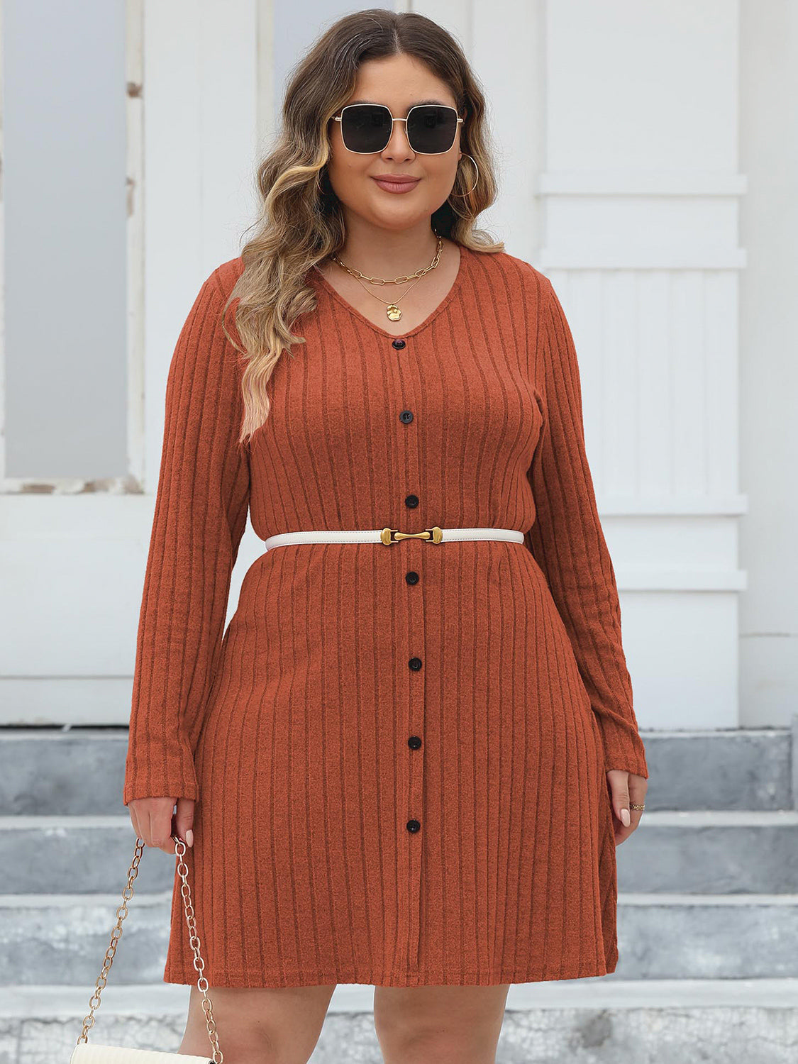 Curve Ribbed Buttoned V-Neck Long Sleeve Dress