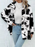 Cow Print Collared Neck Button Up Fuzzy Jacket