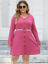 Curve Ribbed Buttoned V-Neck Long Sleeve Dress