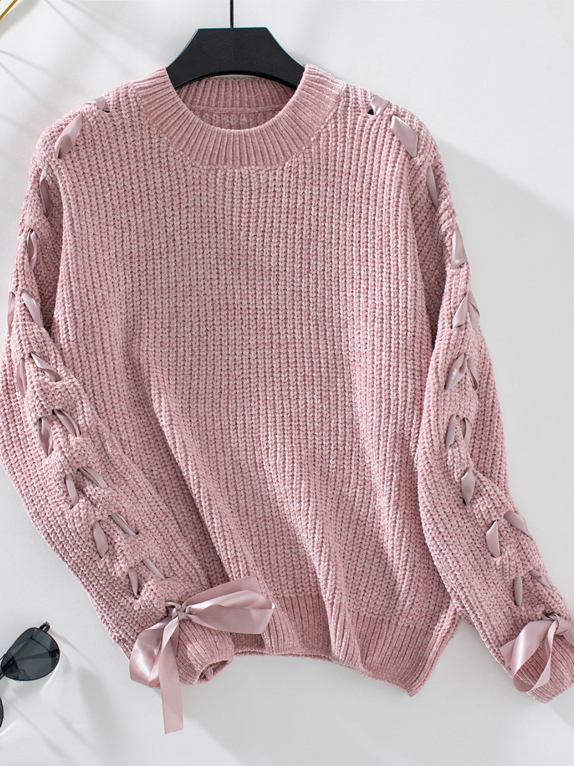 Lace Up Round Neck Long Sleeve Sweater