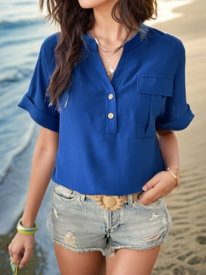 Buttoned Notched Short Sleeve Blouse