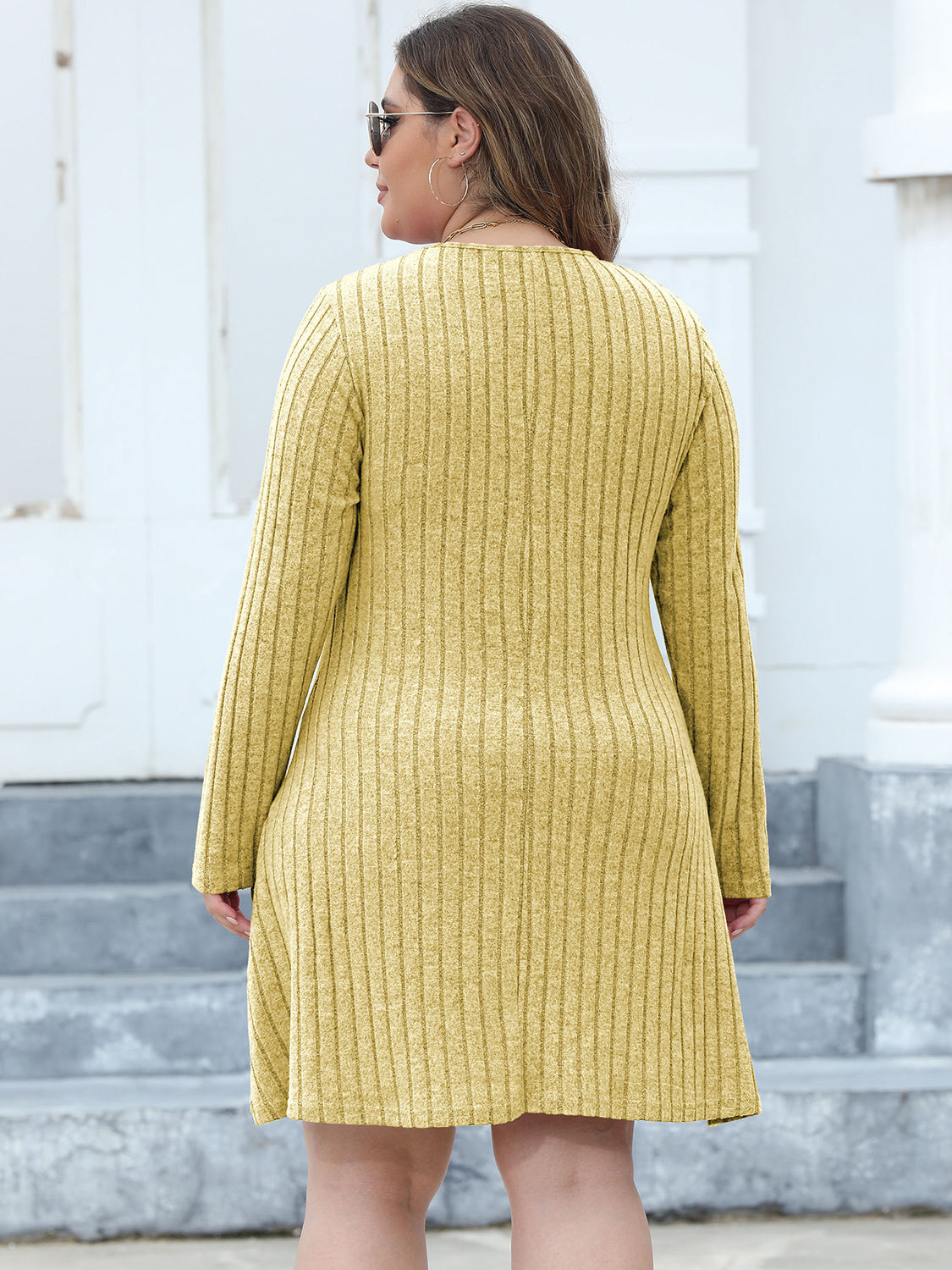 Curve Ribbed Buttoned V-Neck Long Sleeve Dress