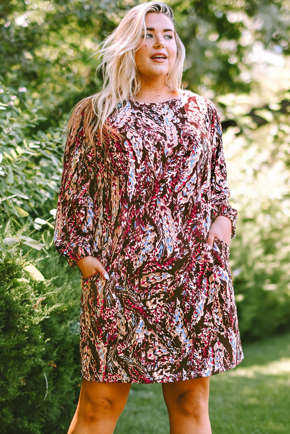 Curve Printed Round Neck Long Sleeve Mini Dress