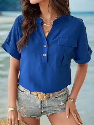 Buttoned Notched Short Sleeve Blouse