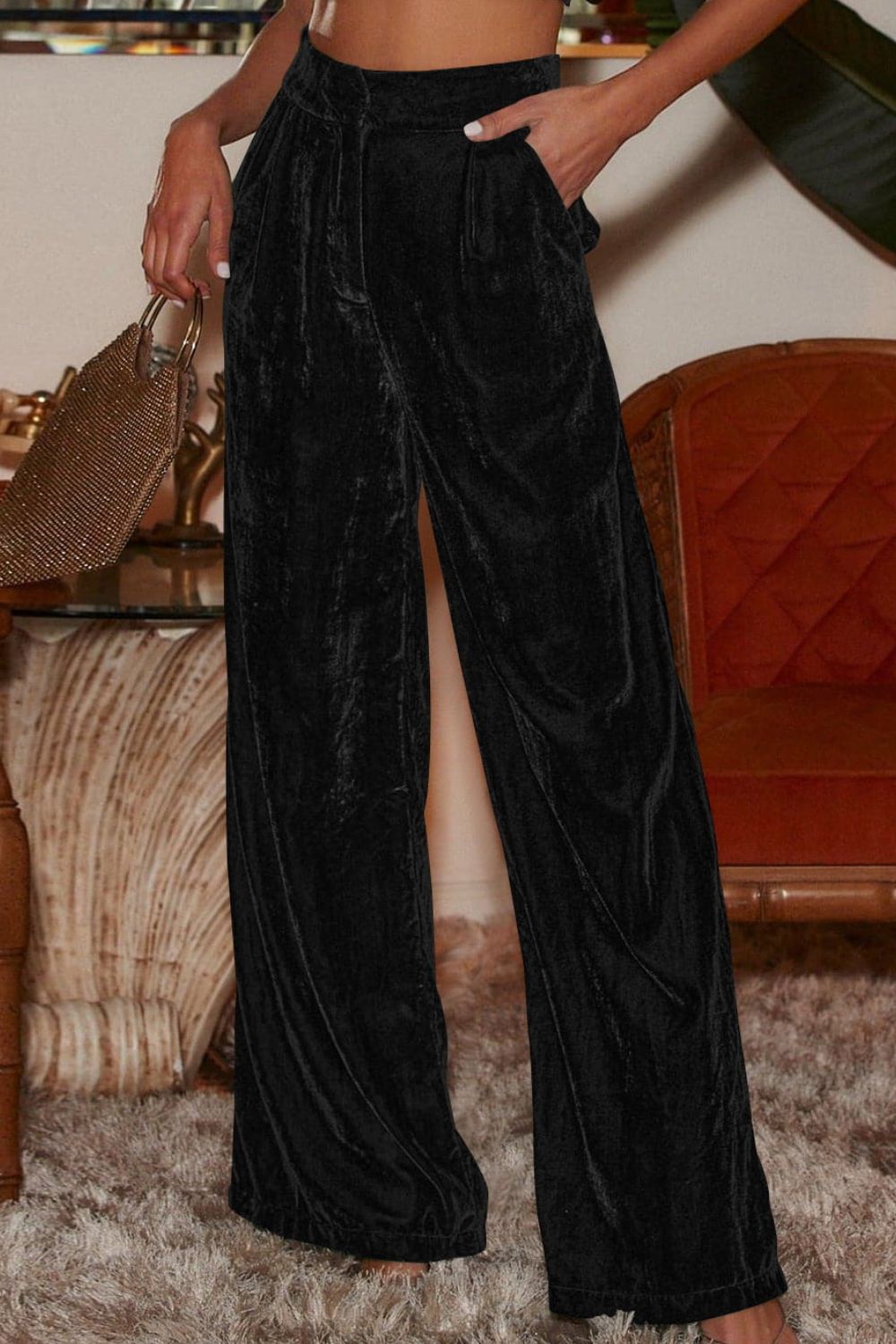 Loose Fit High Waist Long Velvet Pants with Pockets