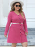 Curve Ribbed Buttoned V-Neck Long Sleeve Dress