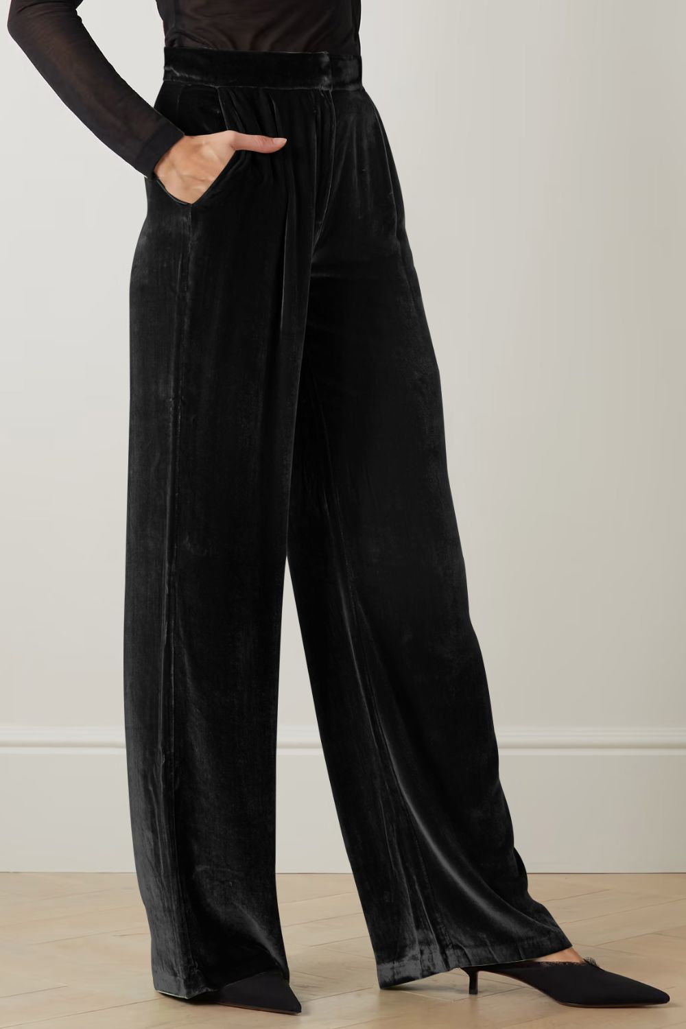 Loose Fit High Waist Long Velvet Pants with Pockets