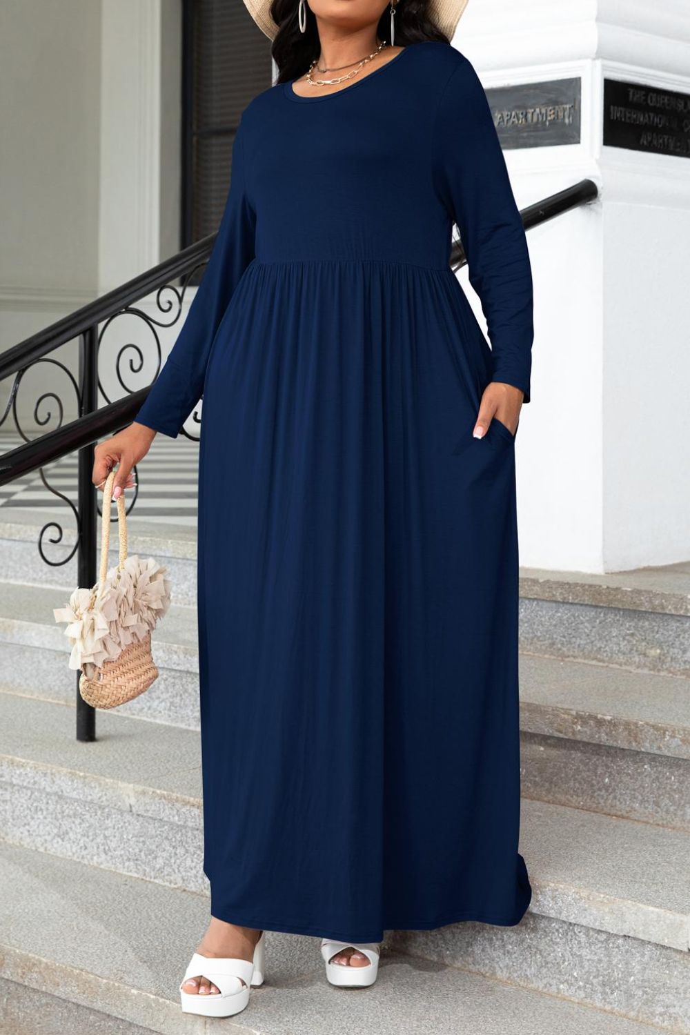 Curve Round Neck Long Sleeve Maxi Dress with Pockets