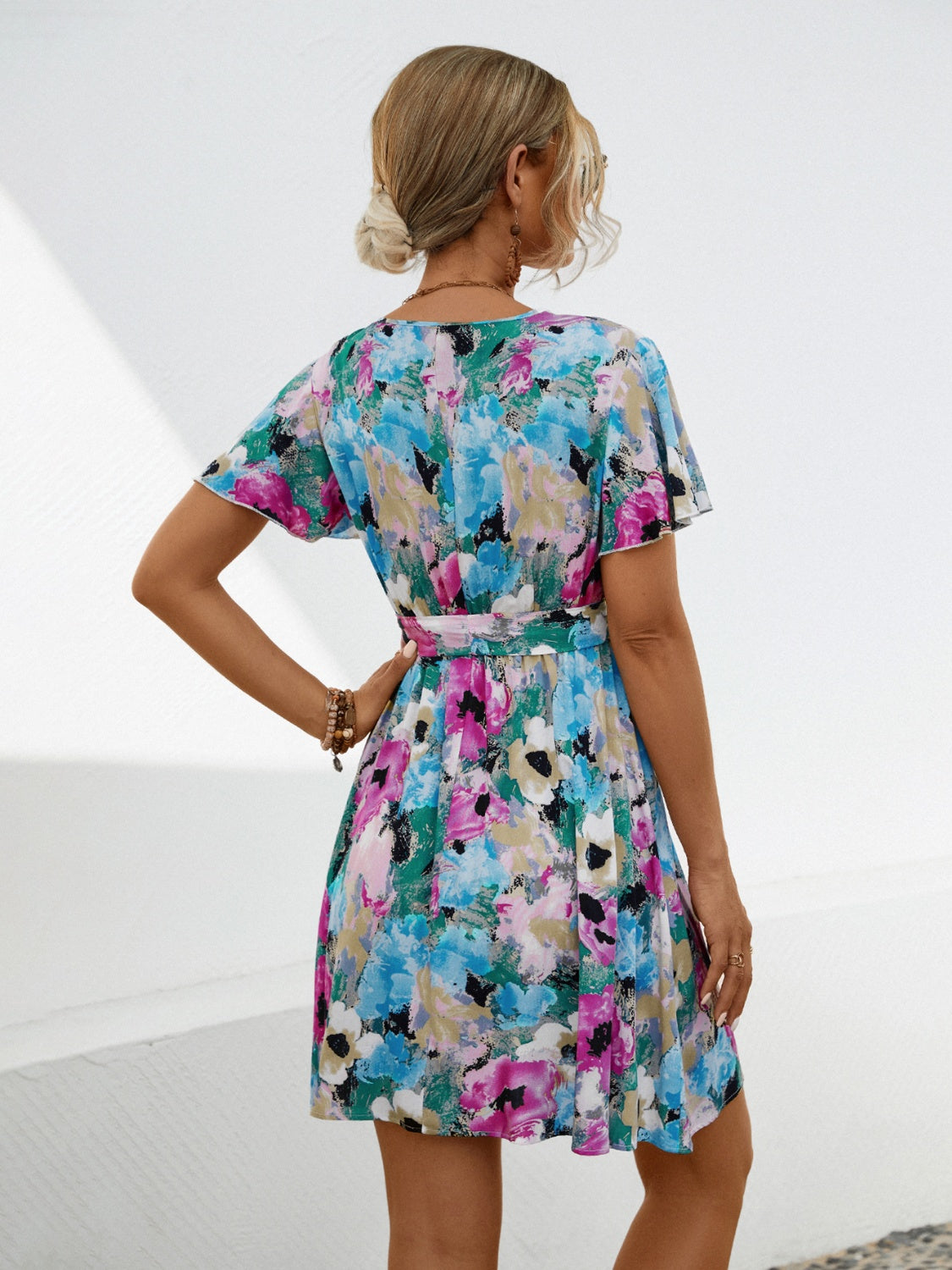 Printed Surplice Tie Waist Mini Dress