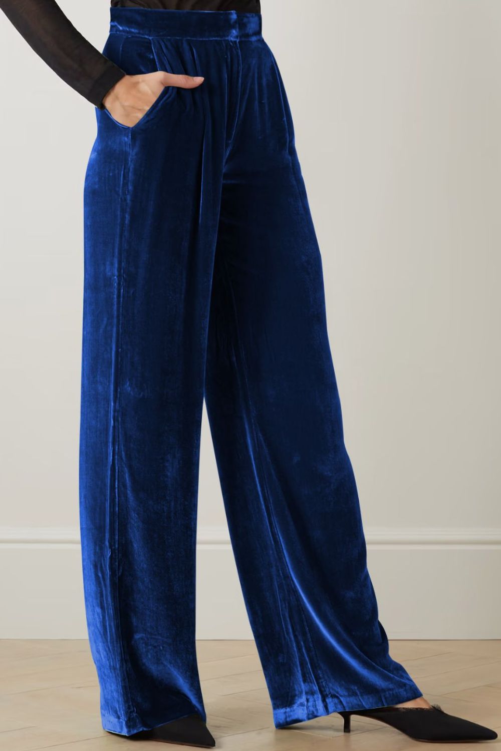 Loose Fit High Waist Long Velvet Pants with Pockets