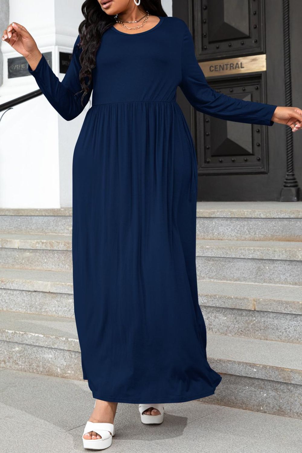 Curve Round Neck Long Sleeve Maxi Dress with Pockets