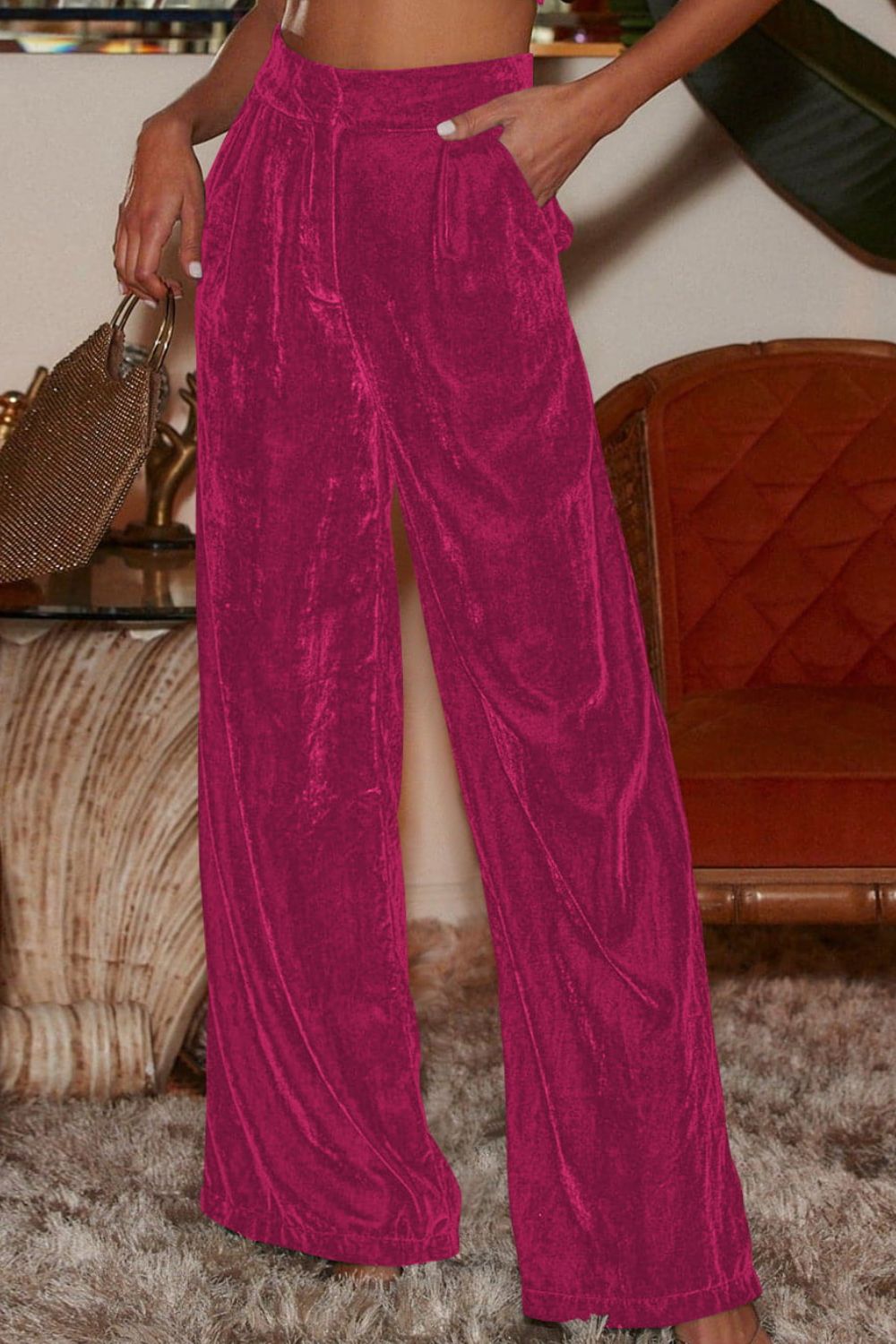 Loose Fit High Waist Long Velvet Pants with Pockets