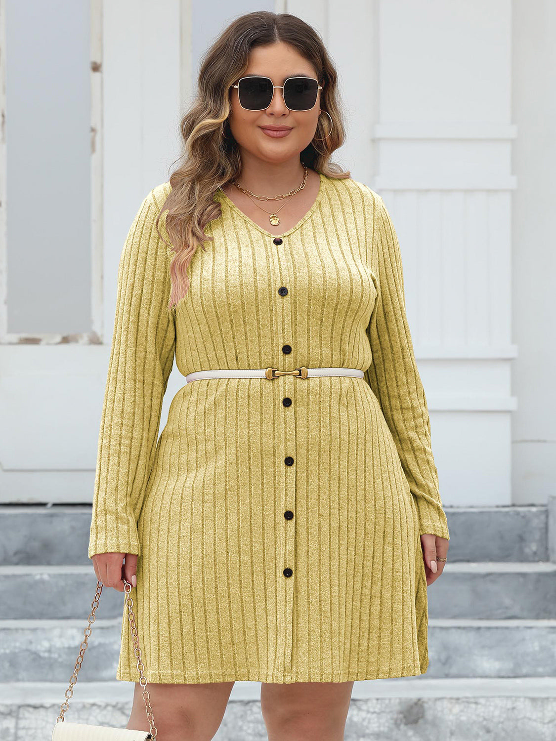 Curve Ribbed Buttoned V-Neck Long Sleeve Dress